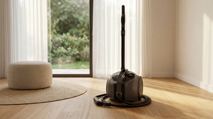 Nettoyeur vapeur au design compact posé dans un salon lumineux au sol en parquet