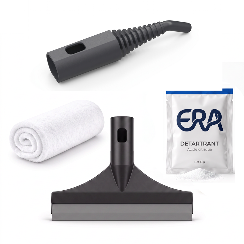 Pack Fenêtre ERA-2 : raclette vitres, buse jet, serviette microfibre et détartrant pour nettoyeur vapeur